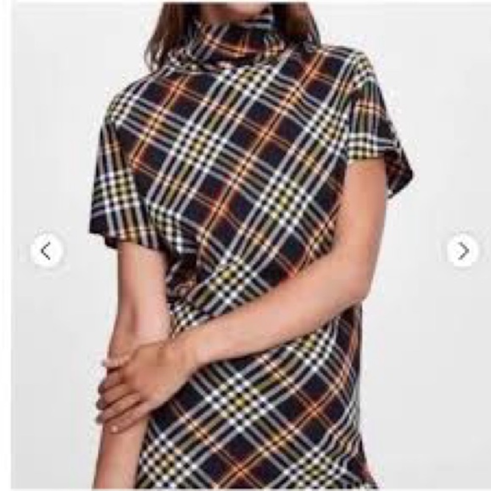 Zara Plaid Asymmetrical Mock Neck Bias Cut Top XL